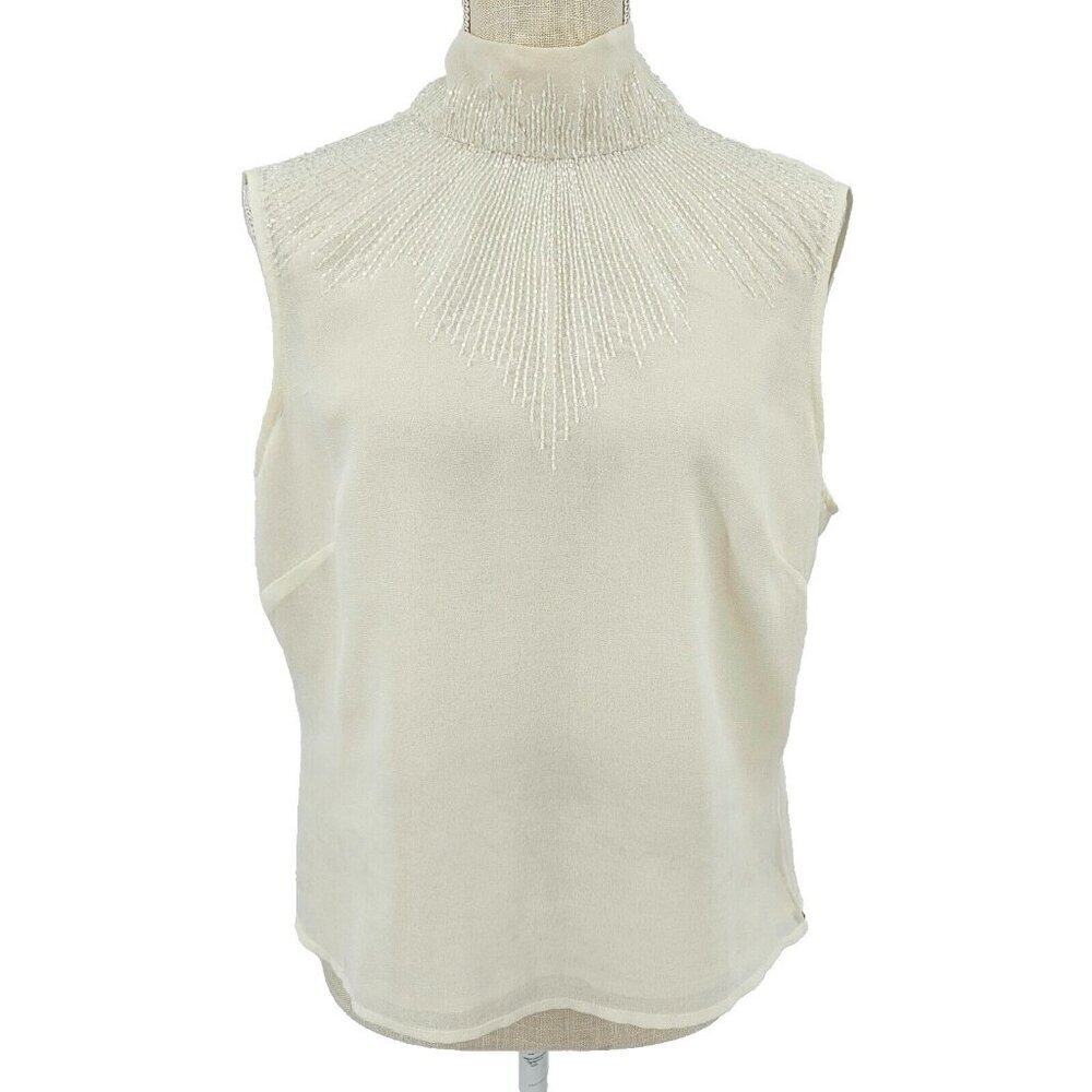 Amanda Wakely High Neck Beaded Blouse Top Beige Women’s Size 16 Evening Business